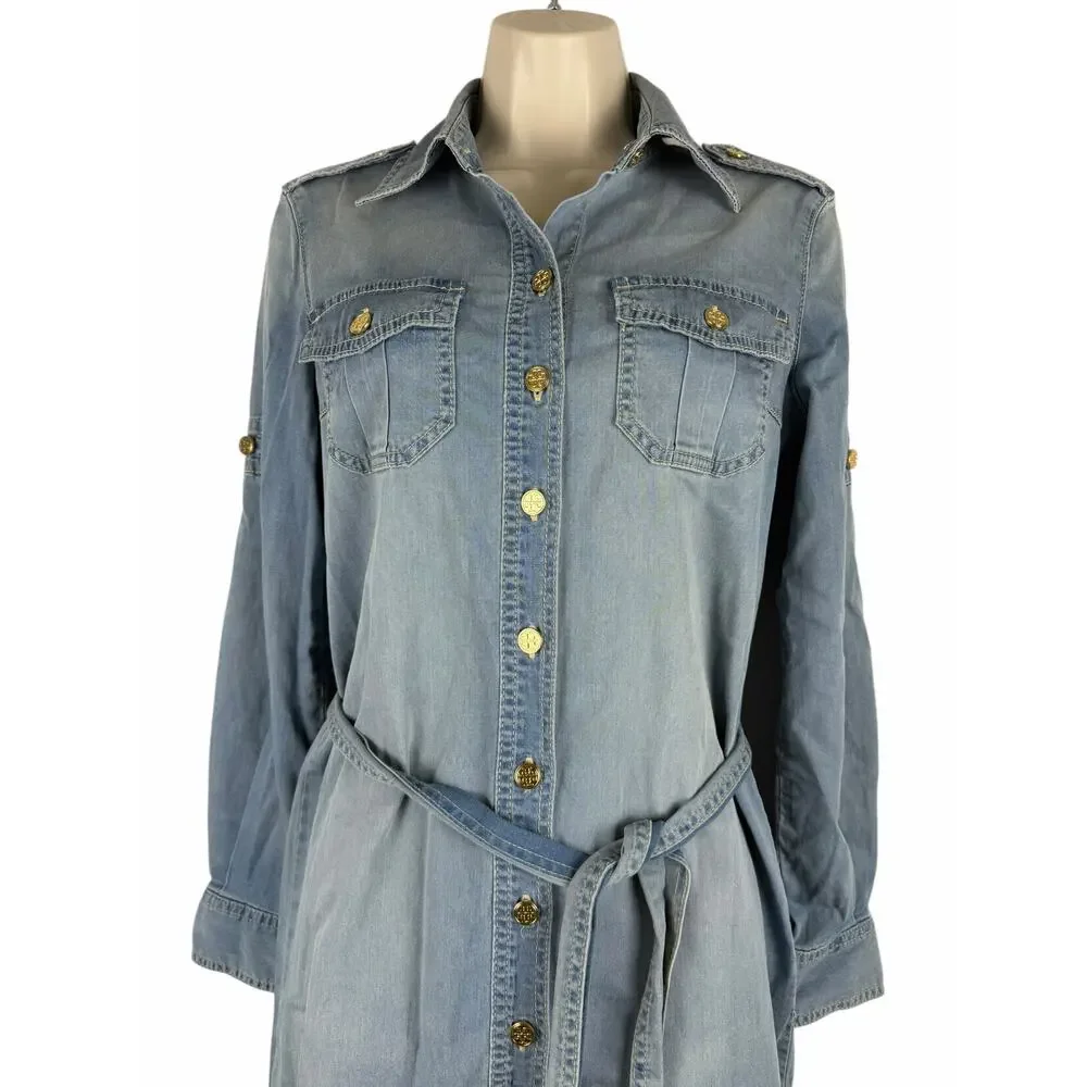 Tory Burch Brigette Belted Tie Denim Shirt Dress Light Wash Size 2